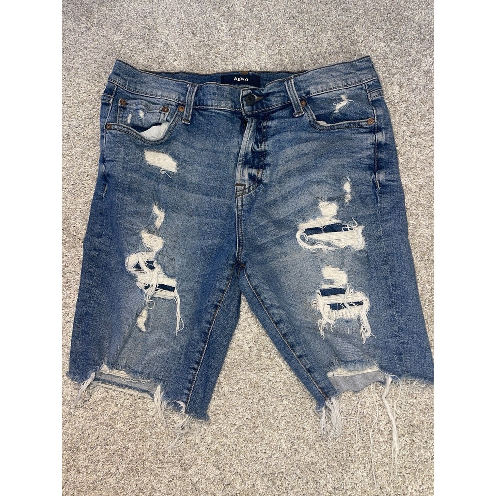 Aero Slim‎ Cut Off Jean Shorts Distressed Mens Sz 32 Blue Stretch